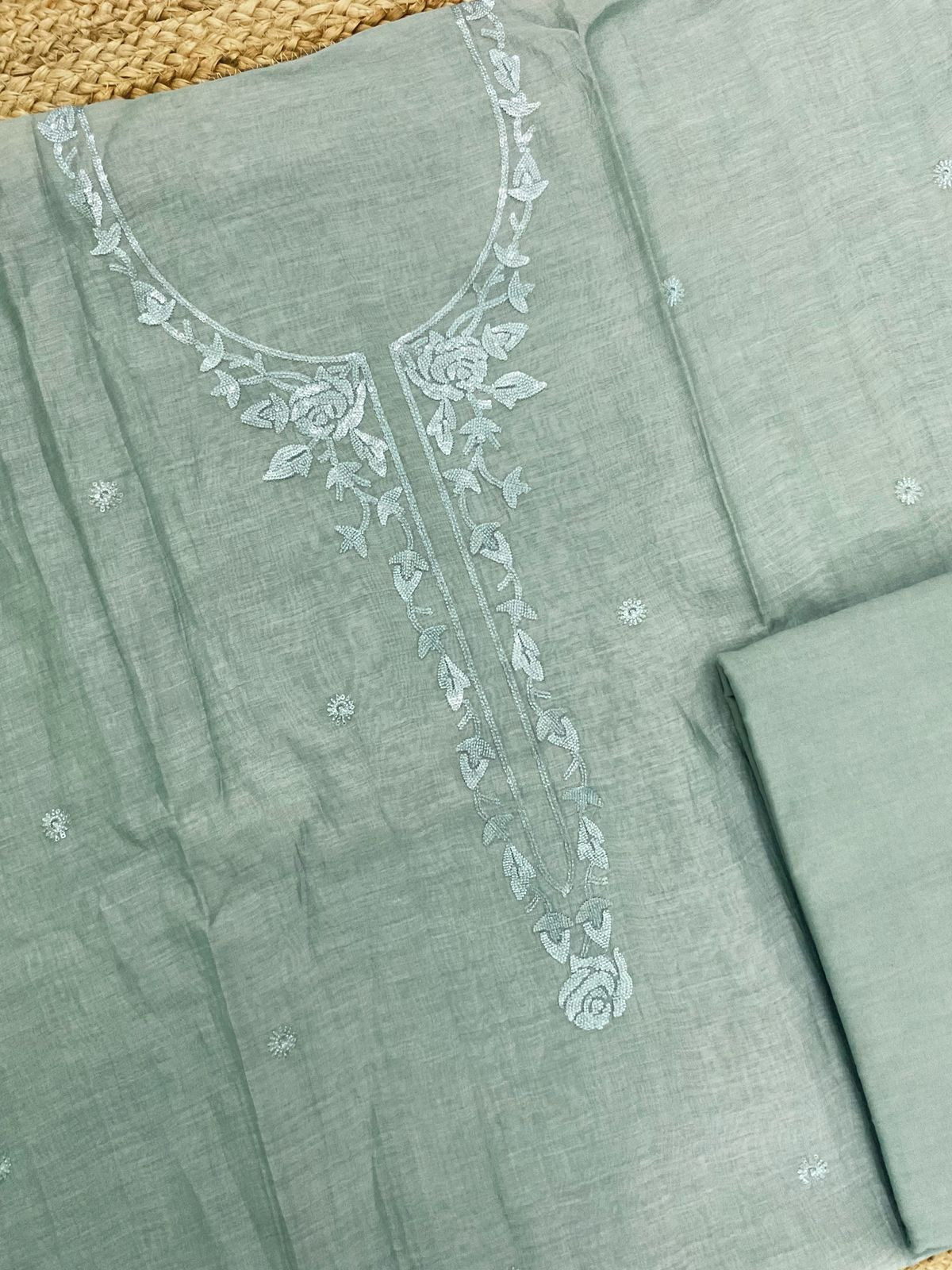 Pure Mul Chanderi Embroidered Suit - Blue