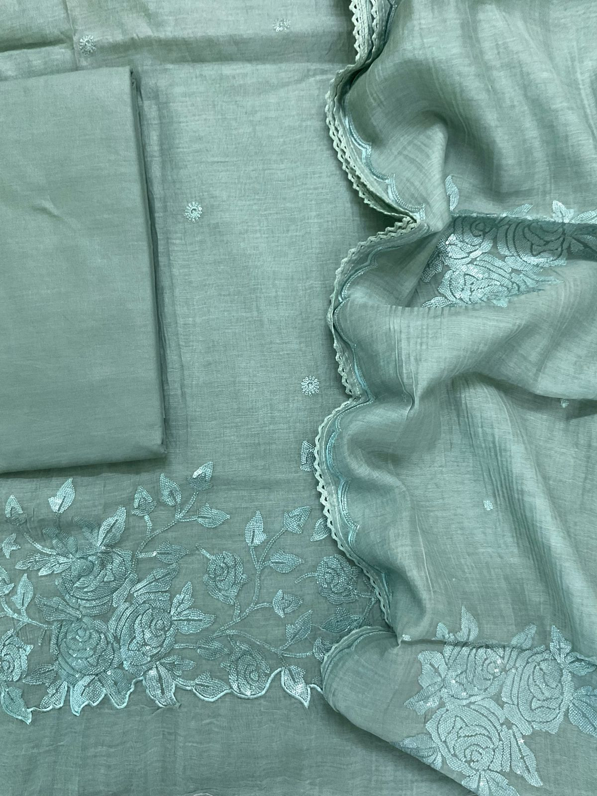 Pure Mul Chanderi Embroidered Suit - Blue