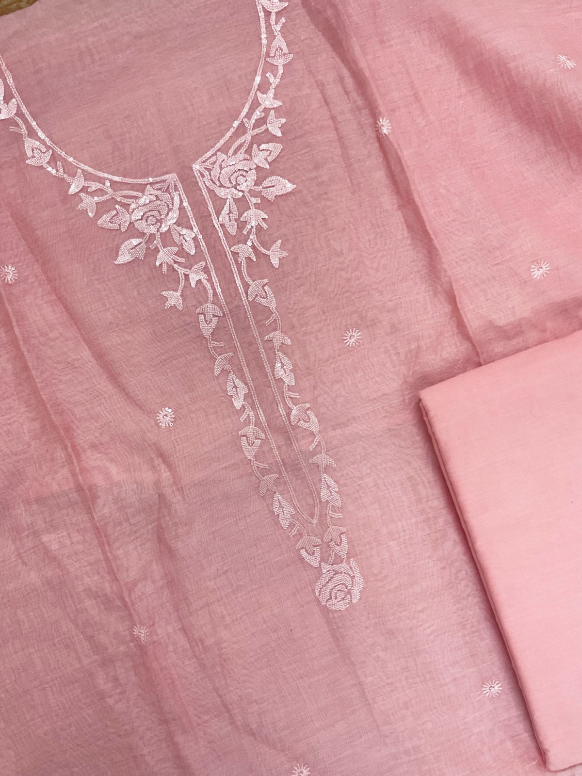 Pure Mul Chanderi Embroidered Suit - Pink