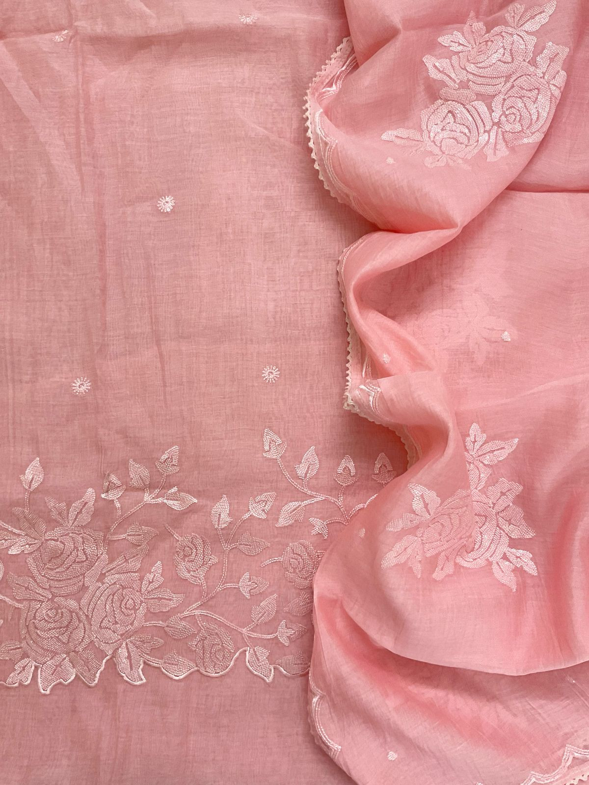 Pure Mul Chanderi Embroidered Suit - Pink
