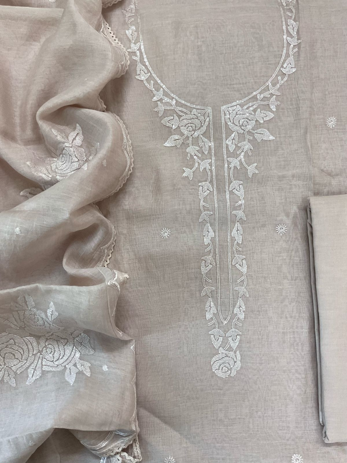 Pure Mul Chanderi Embroidered Suit - Beige