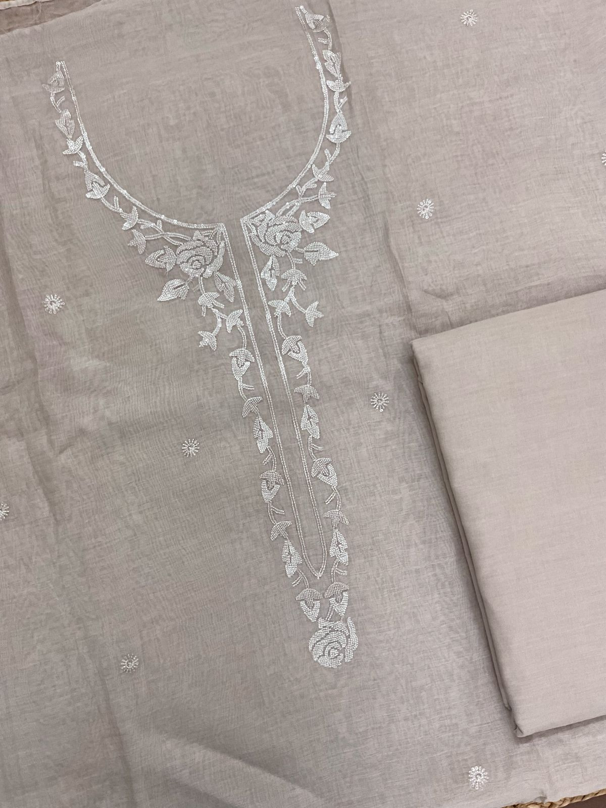 Pure Mul Chanderi Embroidered Suit - Beige