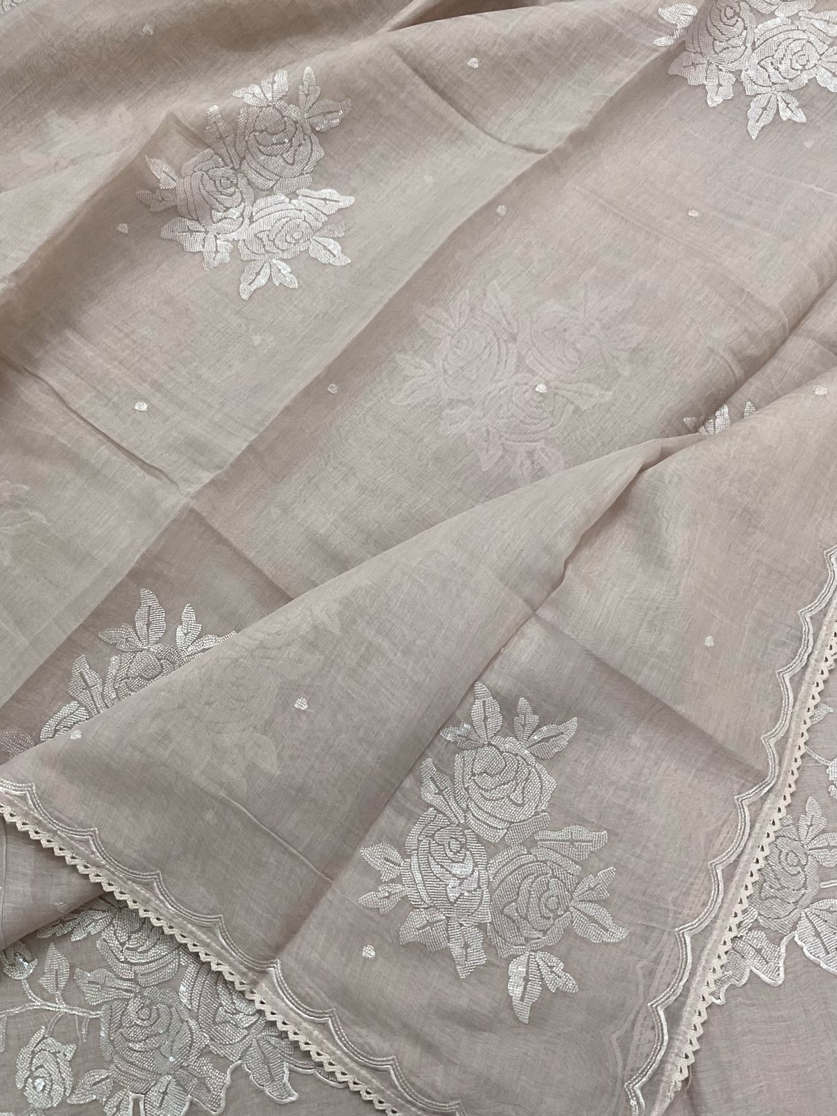 Pure Mul Chanderi Embroidered Suit - Beige