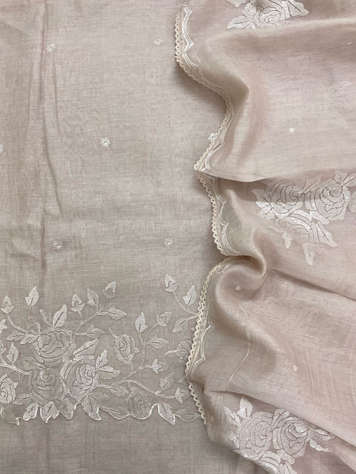 Pure Mul Chanderi Embroidered Suit - Beige