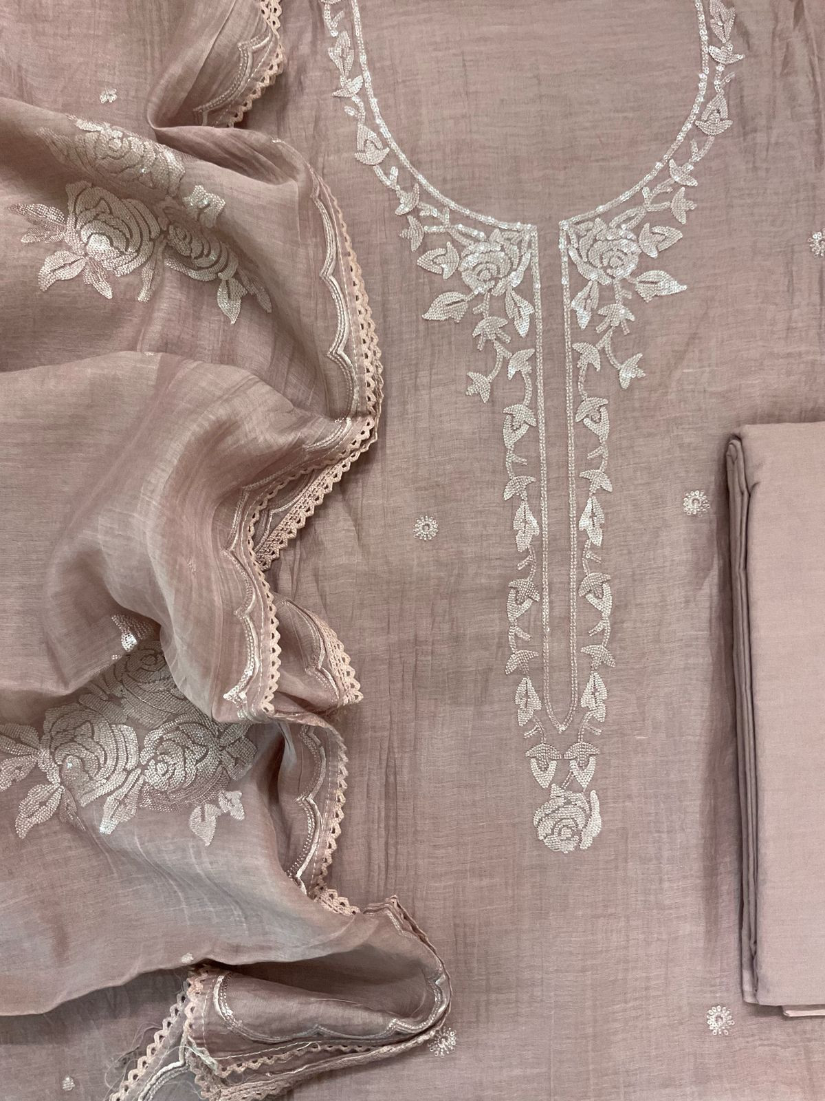 Pure Mul Chanderi Embroidered Suit - Light Onion Pink