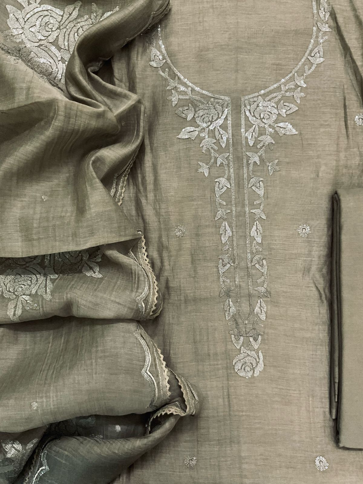 Pure Mul Chanderi Embroidered Suit - Greenish Brown