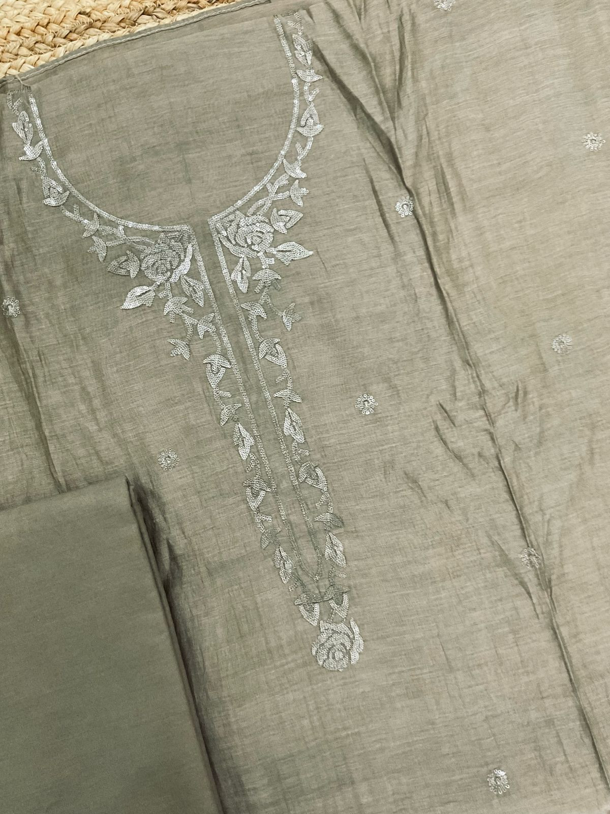 Pure Mul Chanderi Embroidered Suit - Greenish Brown