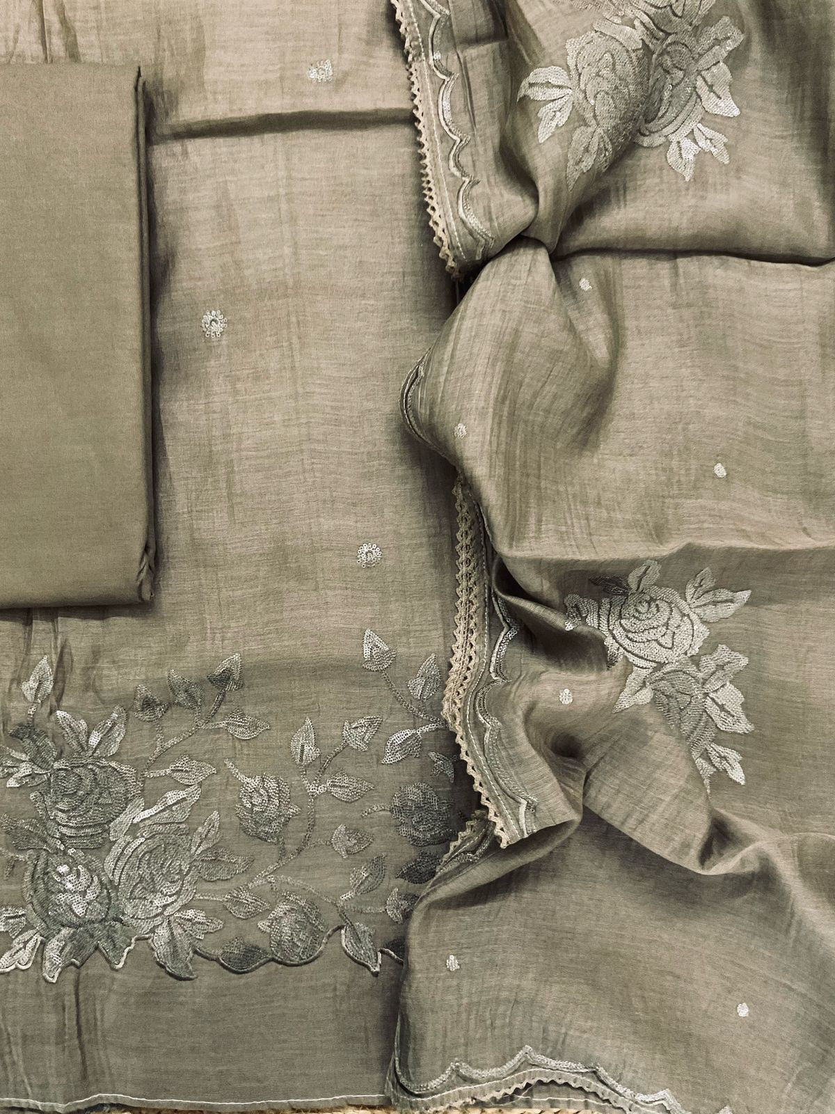 Pure Mul Chanderi Embroidered Suit - Greenish Brown