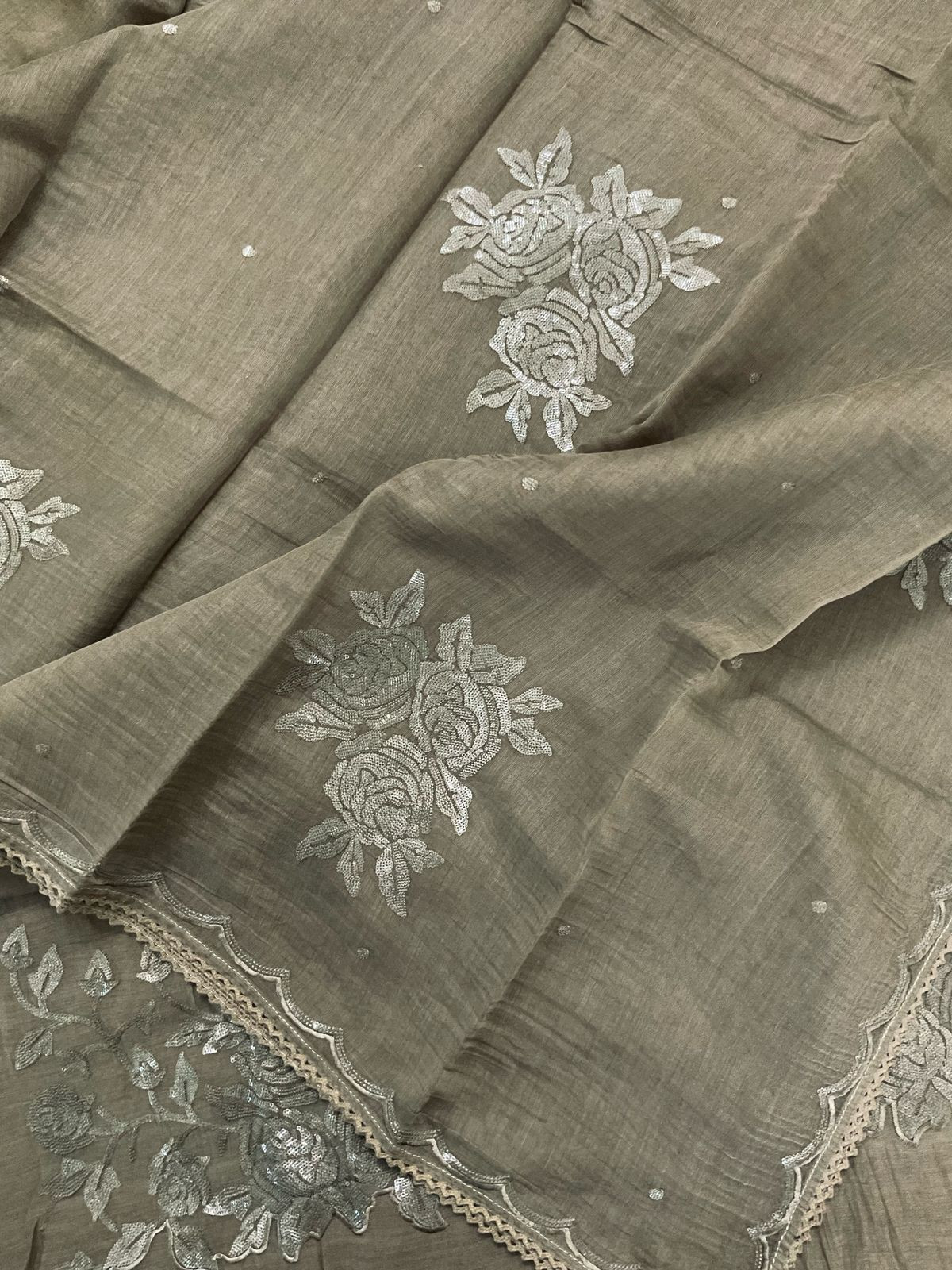 Pure Mul Chanderi Embroidered Suit - Greenish Brown