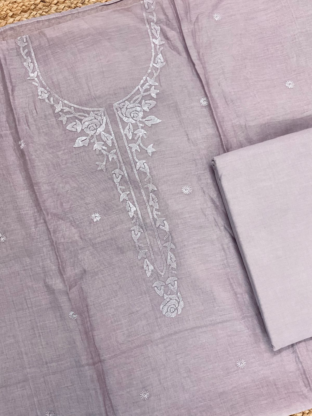 Pure Mul Chanderi Embroidered Suit - Lavender