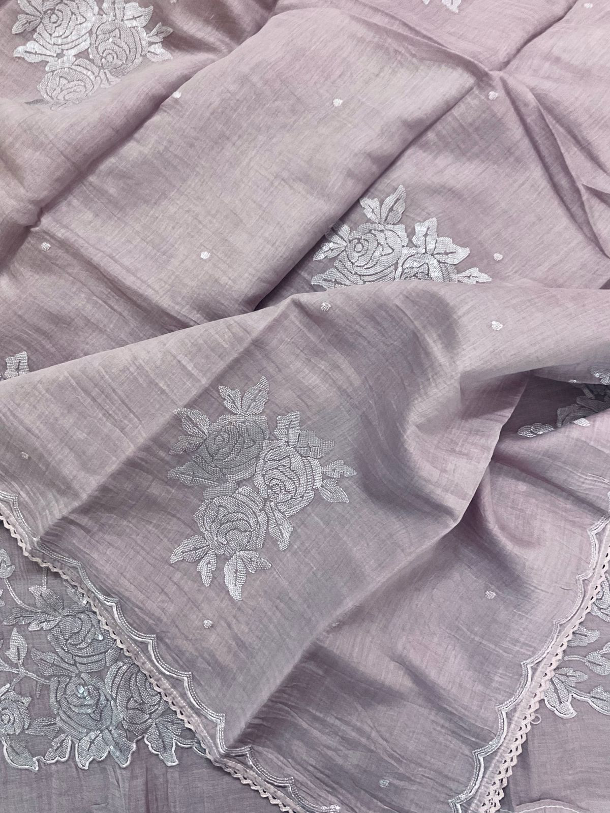 Pure Mul Chanderi Embroidered Suit - Lavender