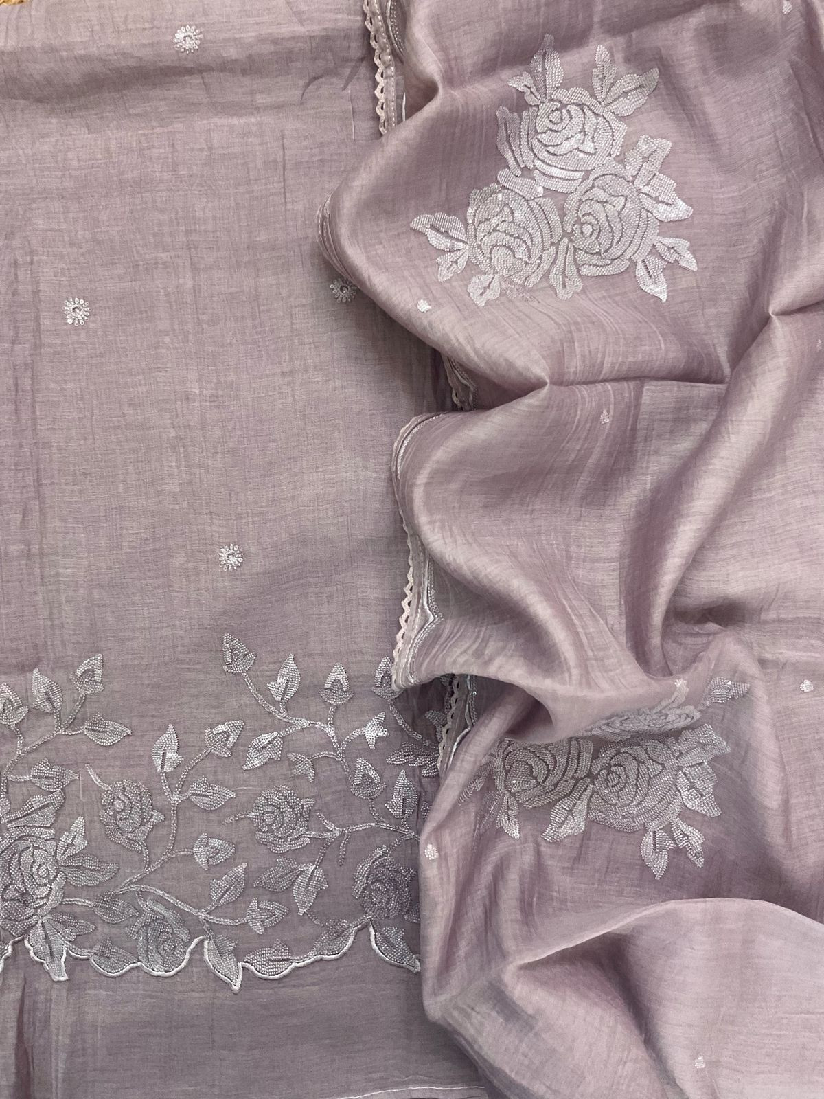 Pure Mul Chanderi Embroidered Suit - Lavender