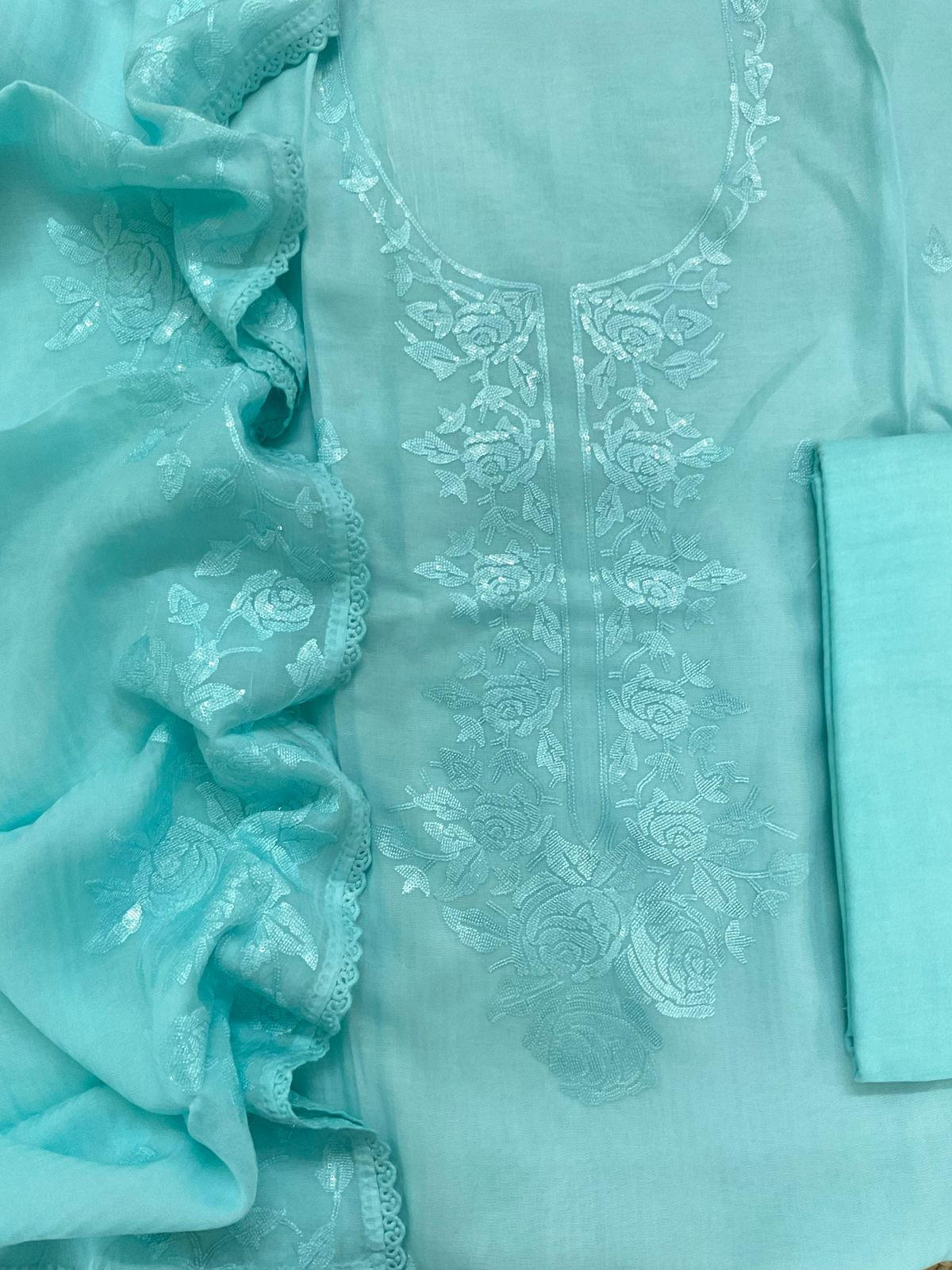 Pure Muslin Chanderi Embroidered Suit - Blue