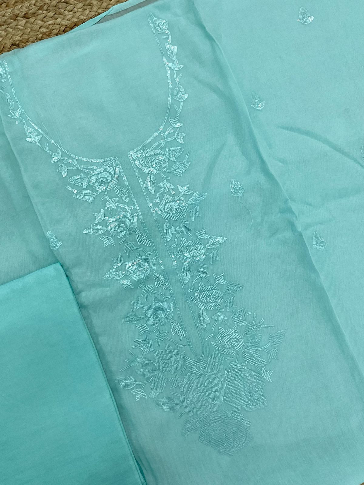 Pure Muslin Chanderi Embroidered Suit - Blue