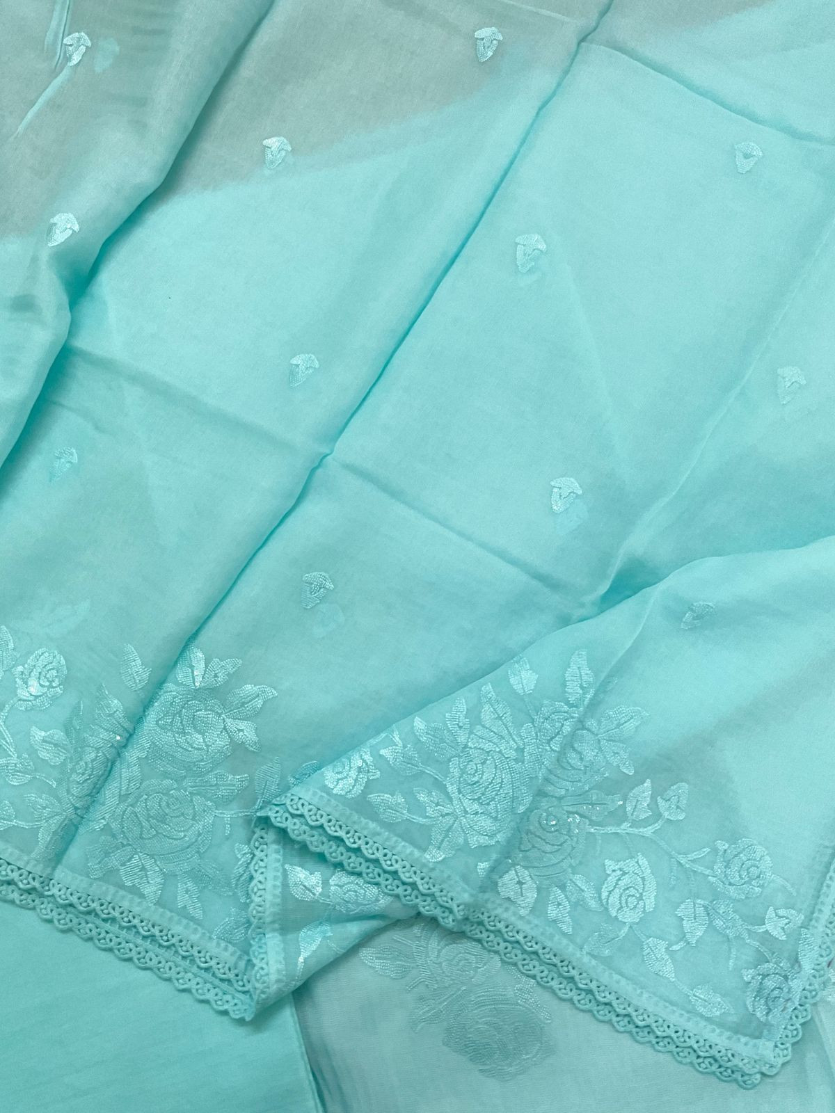 Pure Muslin Chanderi Embroidered Suit - Blue