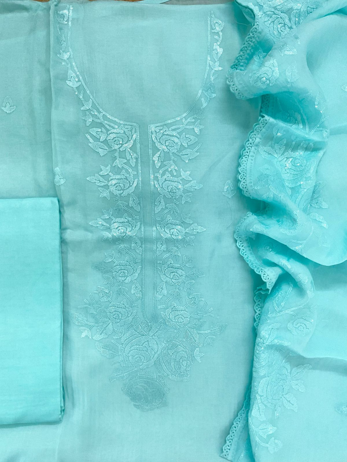 Pure Muslin Chanderi Embroidered Suit - Blue