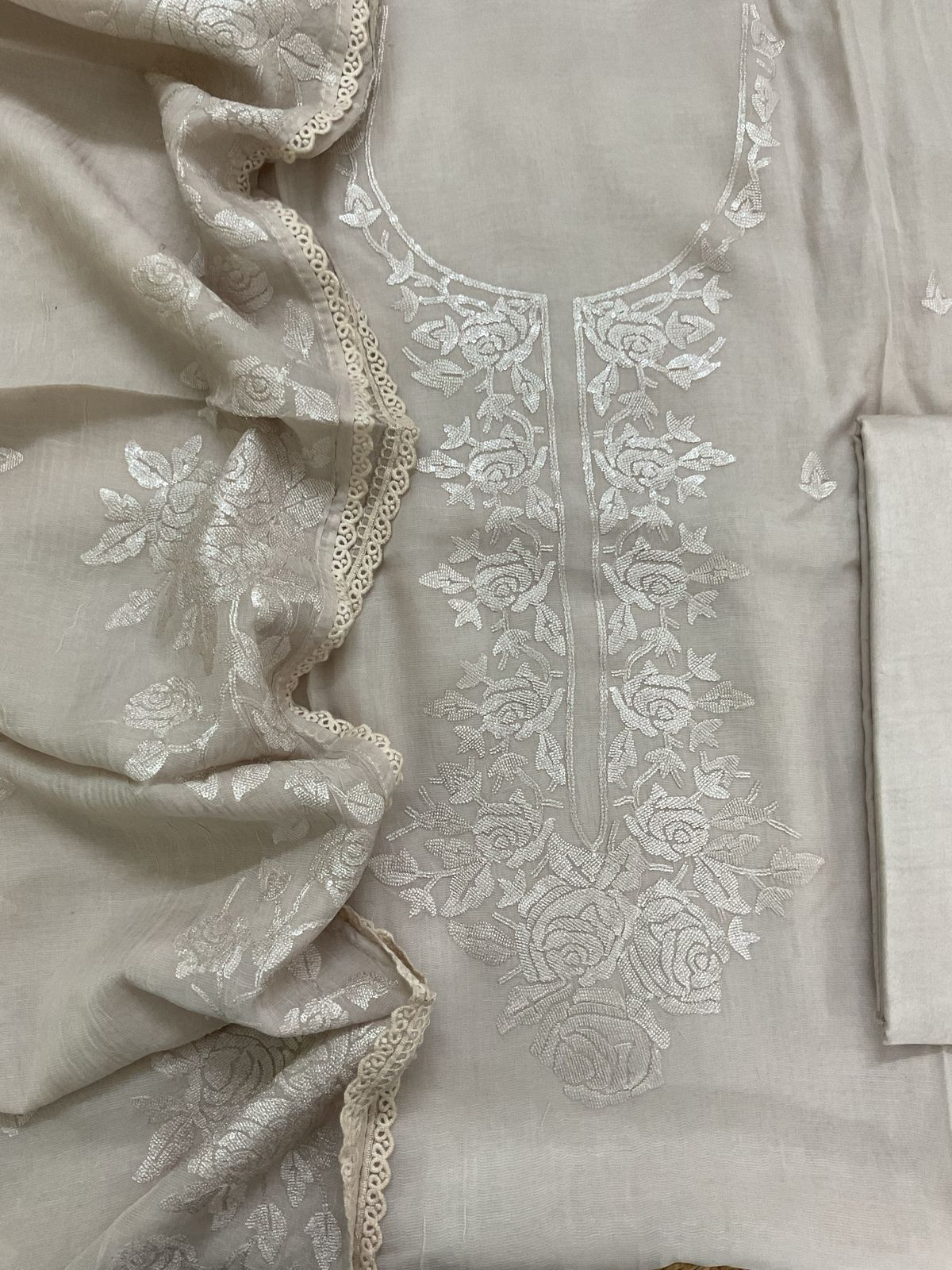 Pure Muslin Chanderi Embroidered Suit - Beige