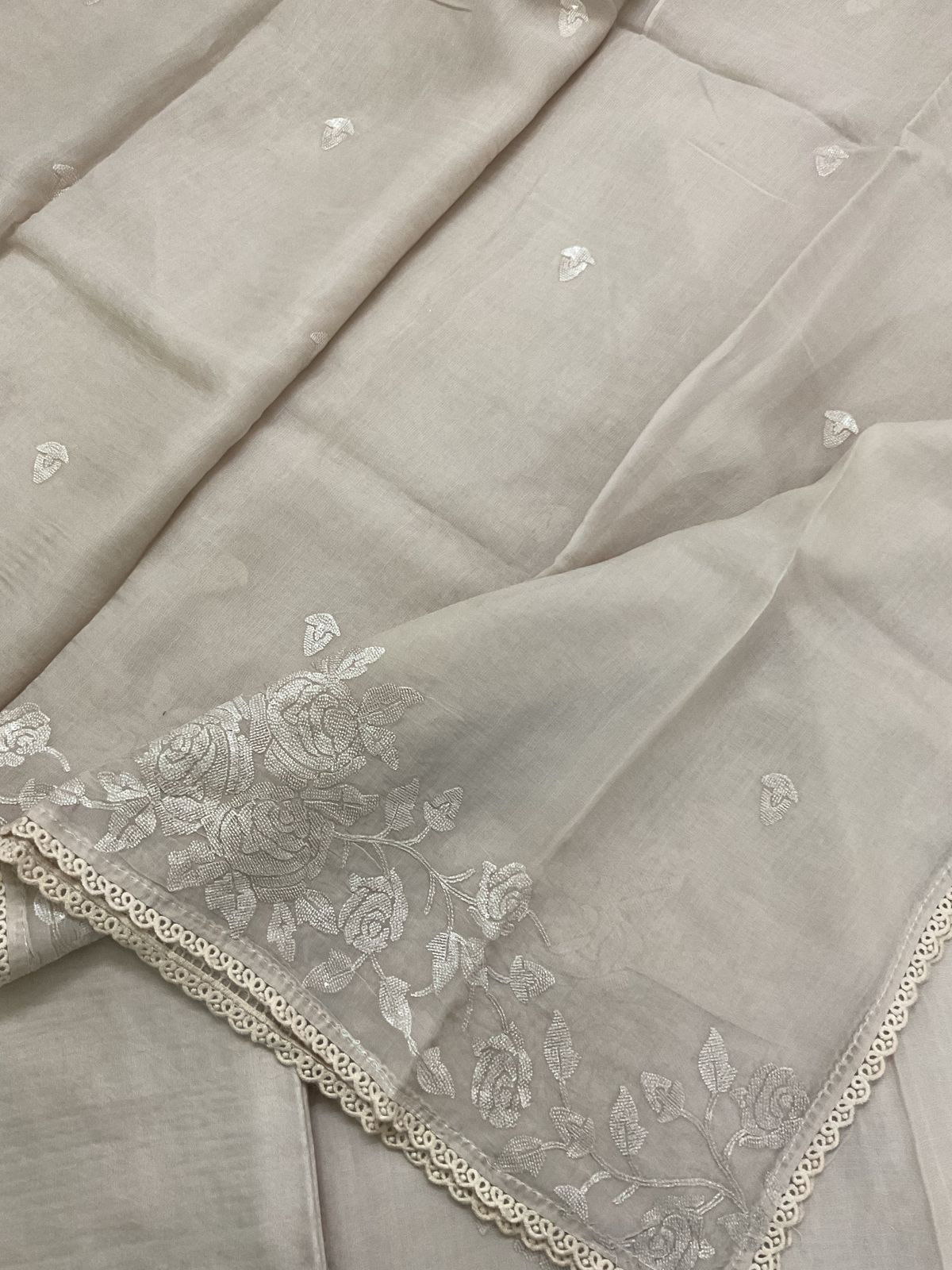 Pure Muslin Chanderi Embroidered Suit - Beige