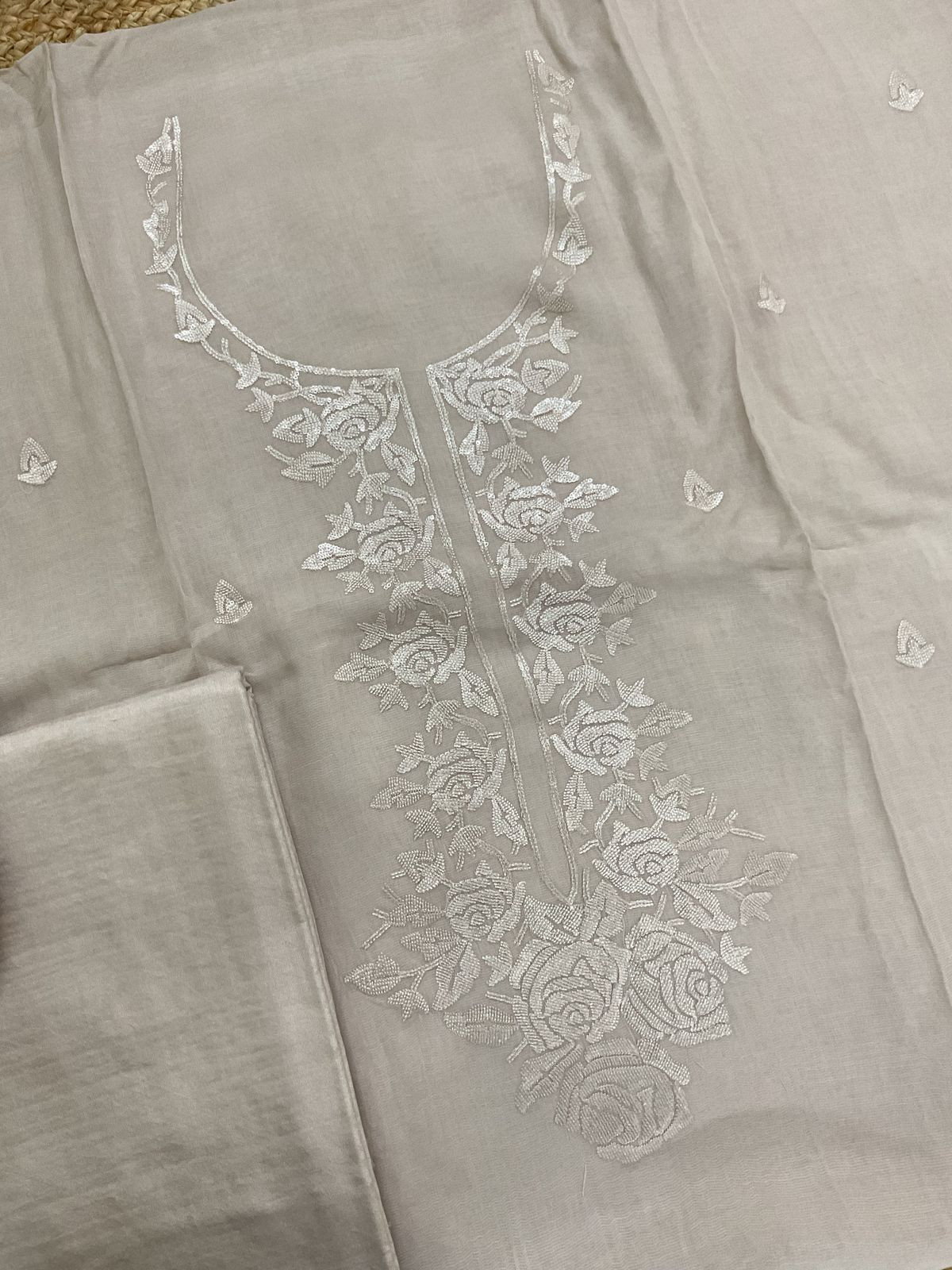 Pure Muslin Chanderi Embroidered Suit - Beige