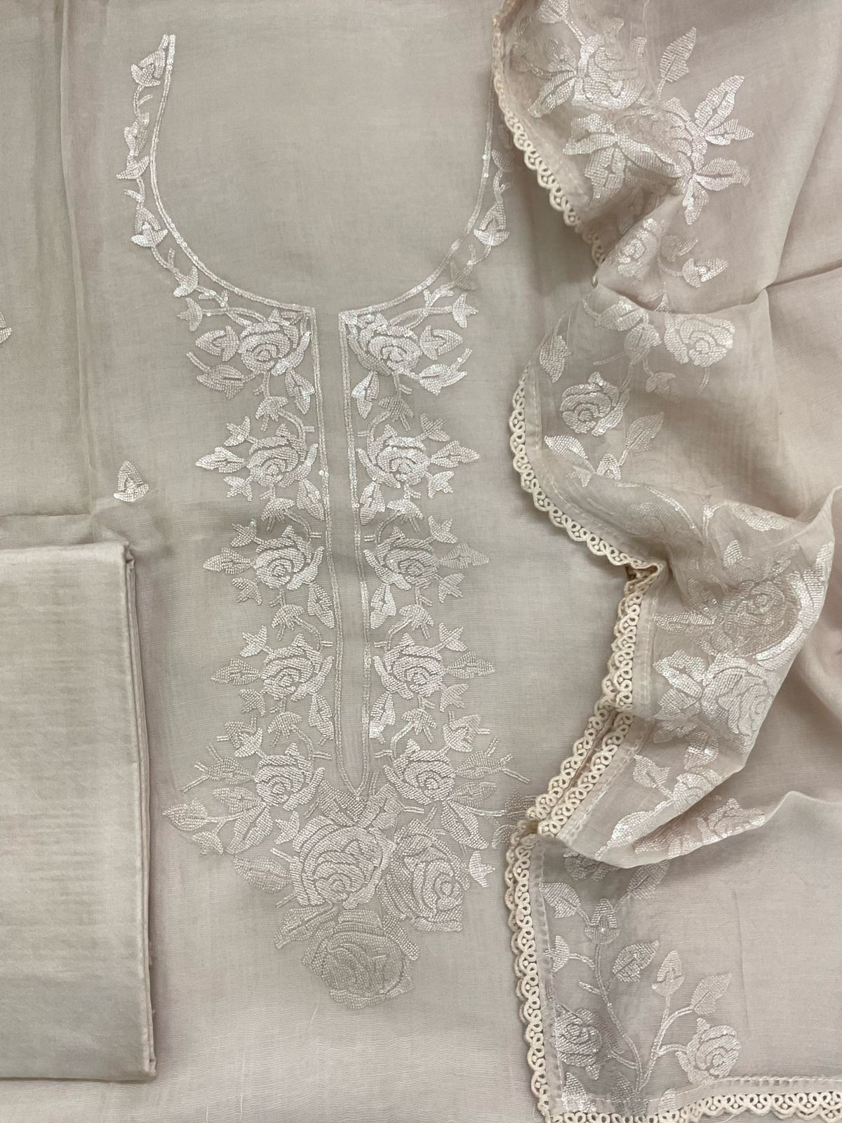 Pure Muslin Chanderi Embroidered Suit - Beige