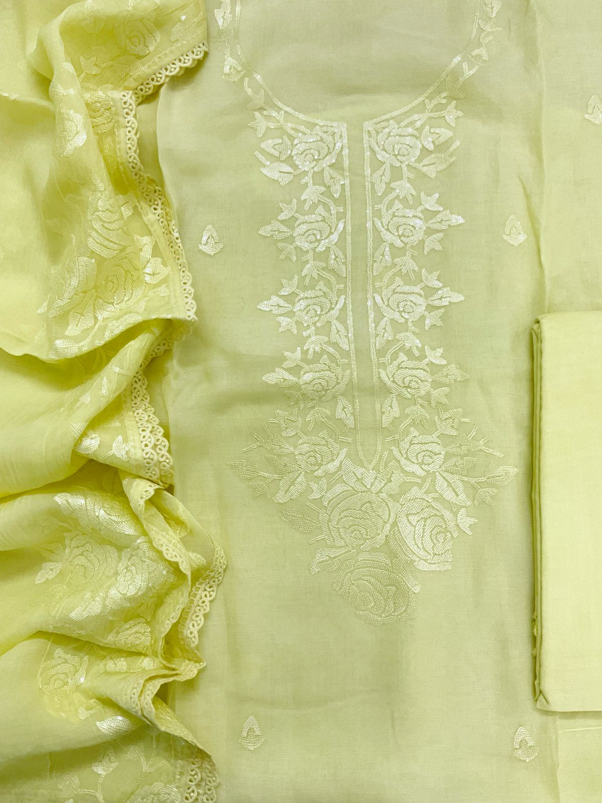 Pure Muslin Chanderi Embroidered Suit - Yellow