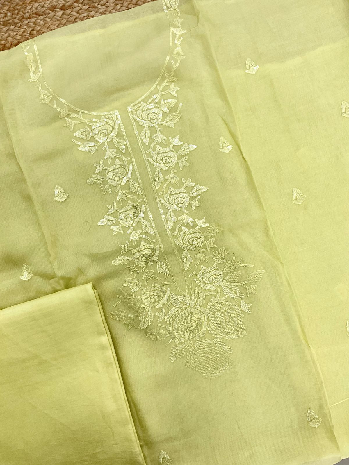 Pure Muslin Chanderi Embroidered Suit - Yellow