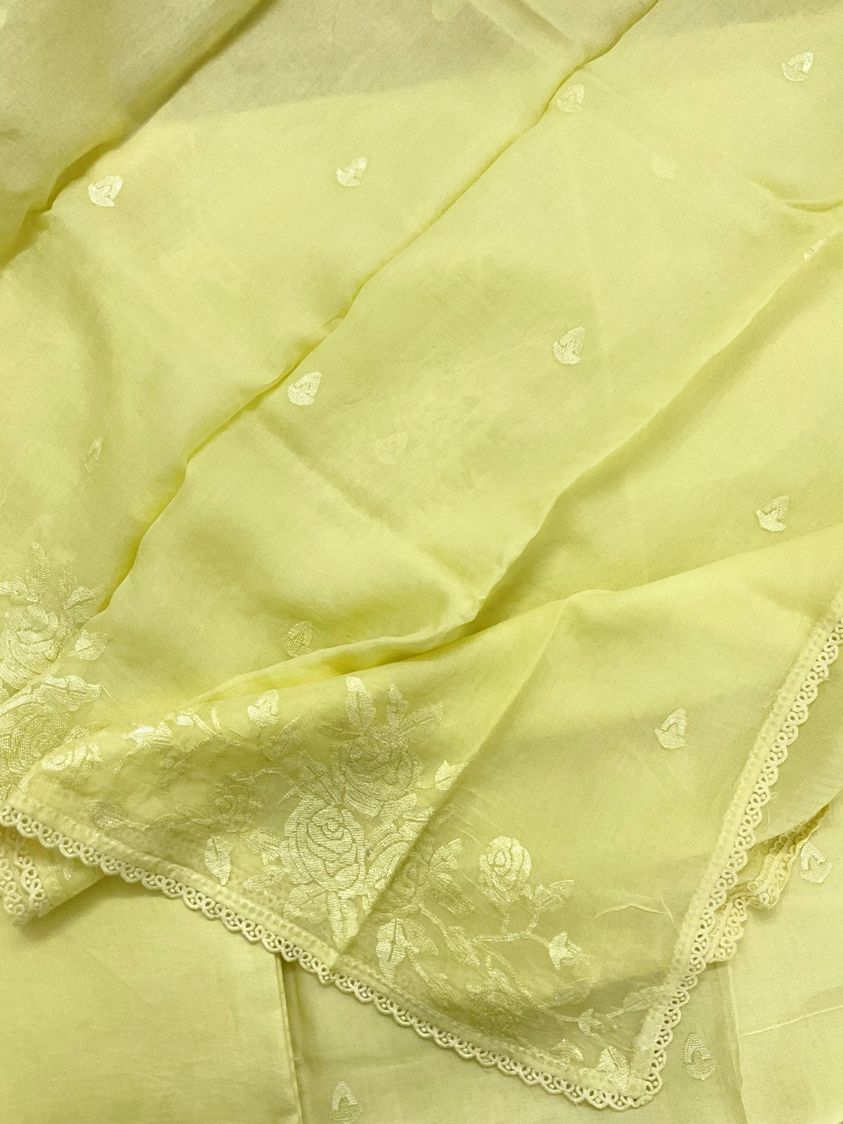 Pure Muslin Chanderi Embroidered Suit - Yellow