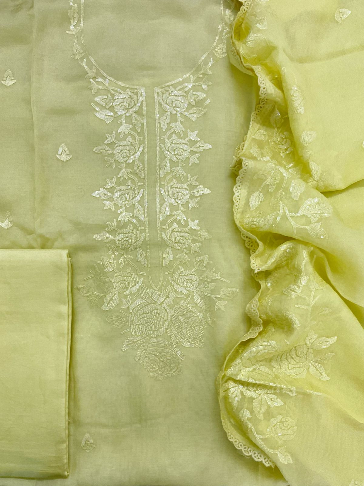 Pure Muslin Chanderi Embroidered Suit - Yellow