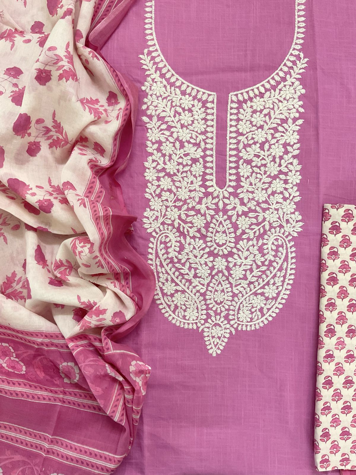 Pure Cotton Printed Embroidered Suit - Pinkish Purple