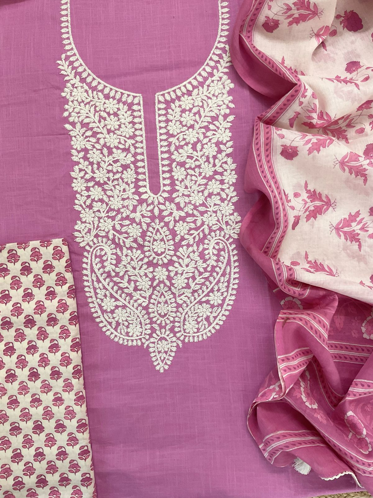 Pure Cotton Printed Embroidered Suit - Pinkish Purple