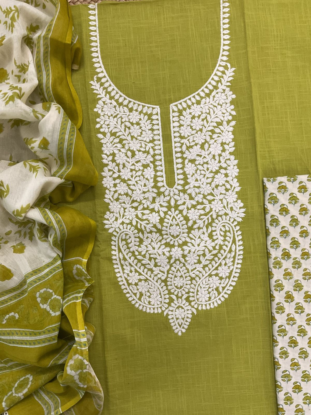 Pure Cotton Printed Embroidered Suit - Green