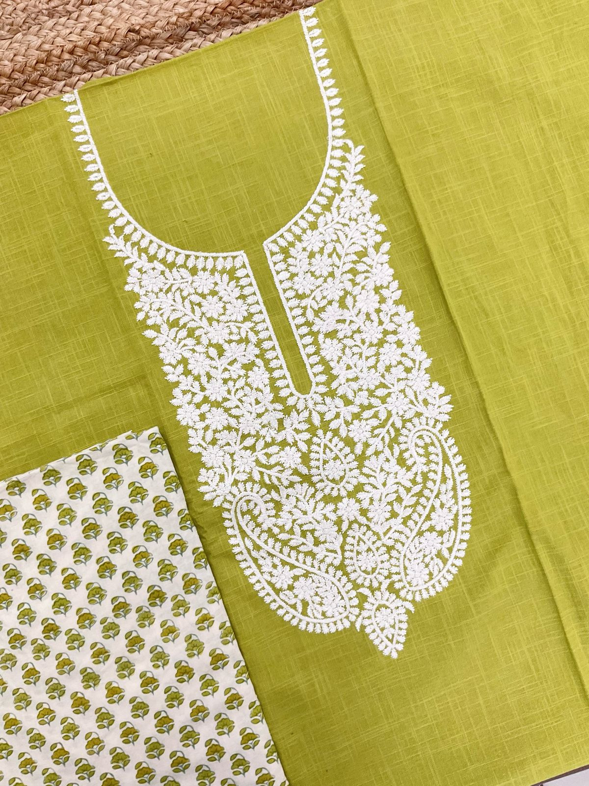 Pure Cotton Printed Embroidered Suit - Green
