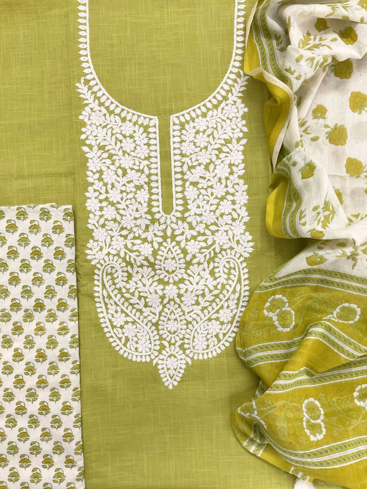 Pure Cotton Printed Embroidered Suit - Green