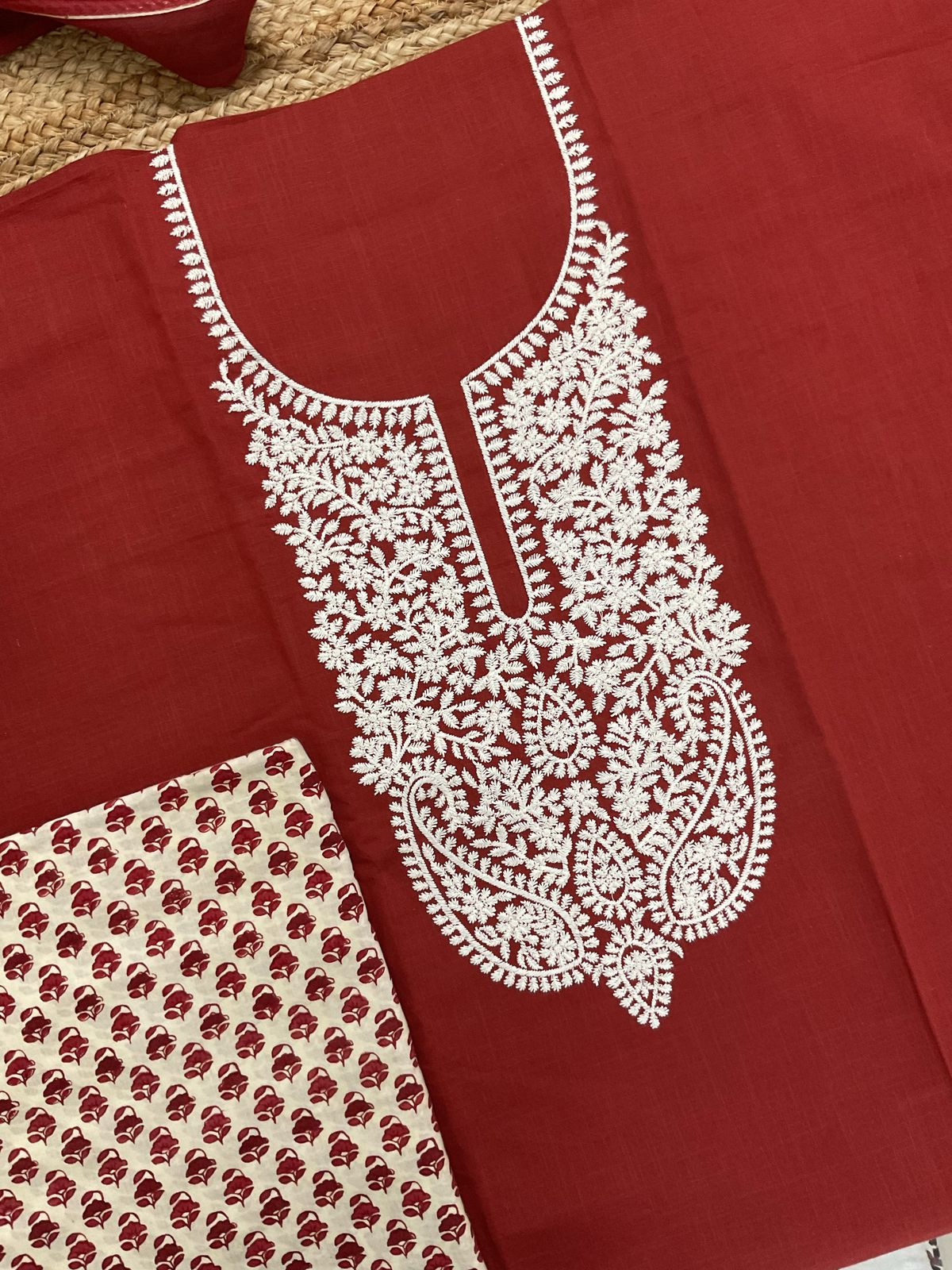 Pure Cotton Printed Embroidered Suit - Red