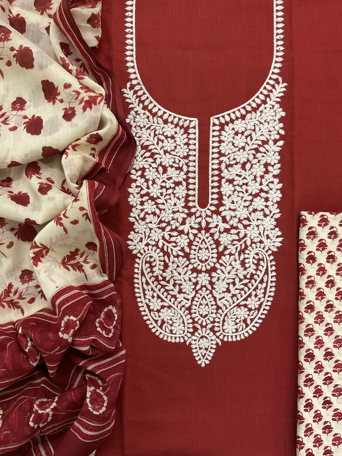 Pure Cotton Printed Embroidered Suit - Red