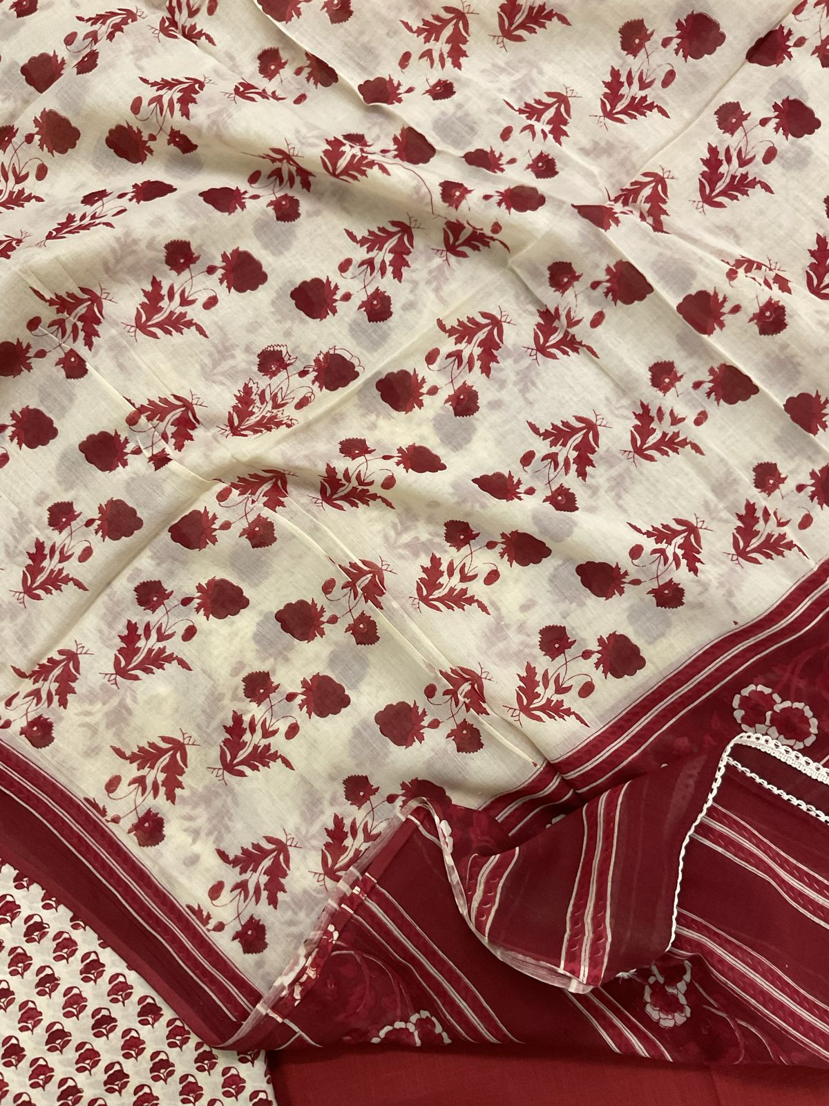 Pure Cotton Printed Embroidered Suit - Red