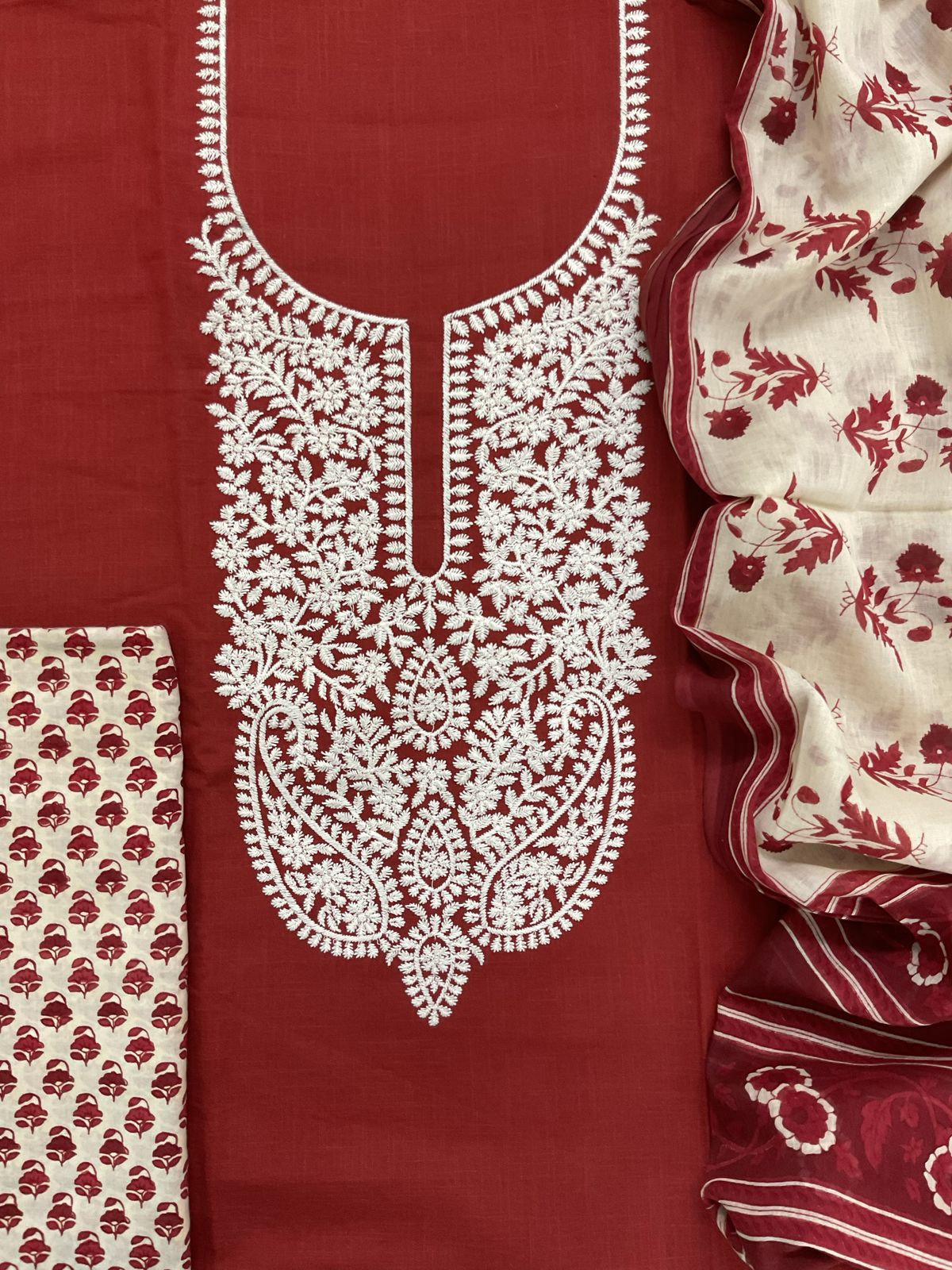 Pure Cotton Printed Embroidered Suit - Red