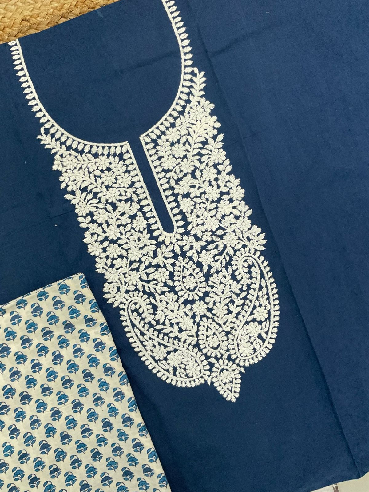 Pure Cotton Printed Embroidered Suit - Blue