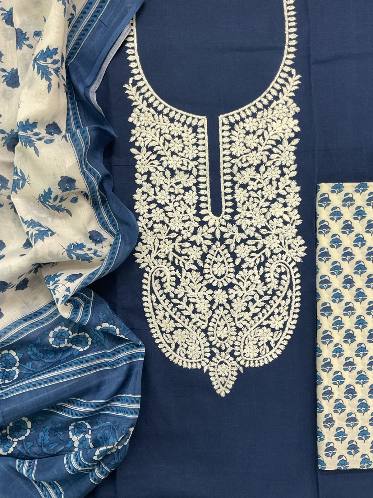 Pure Cotton Printed Embroidered Suit - Blue