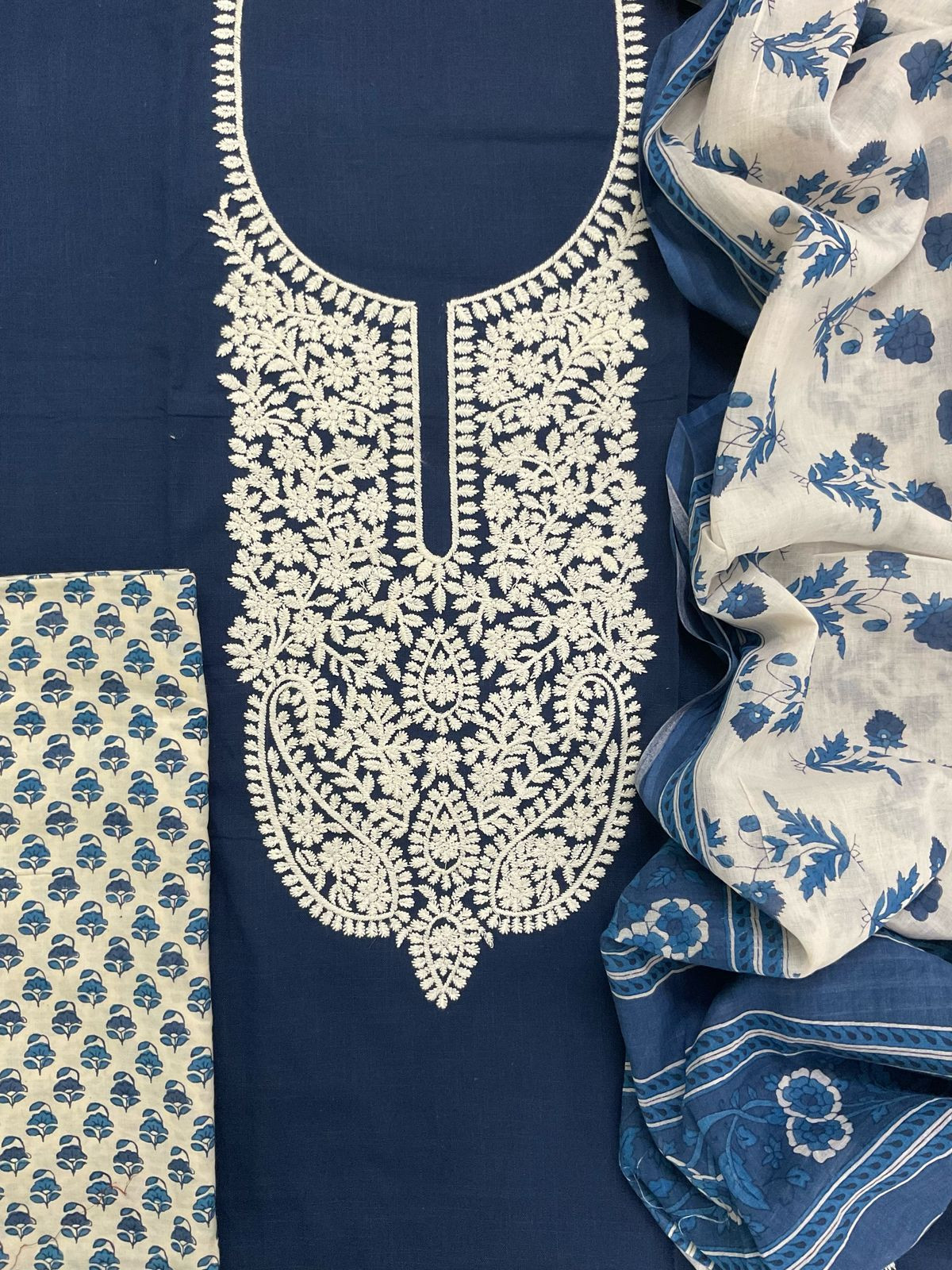 Pure Cotton Printed Embroidered Suit - Blue