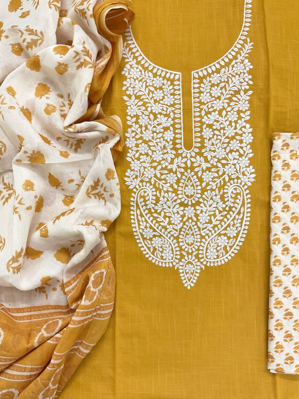 Pure Cotton Printed Embroidered Suit - Yellow