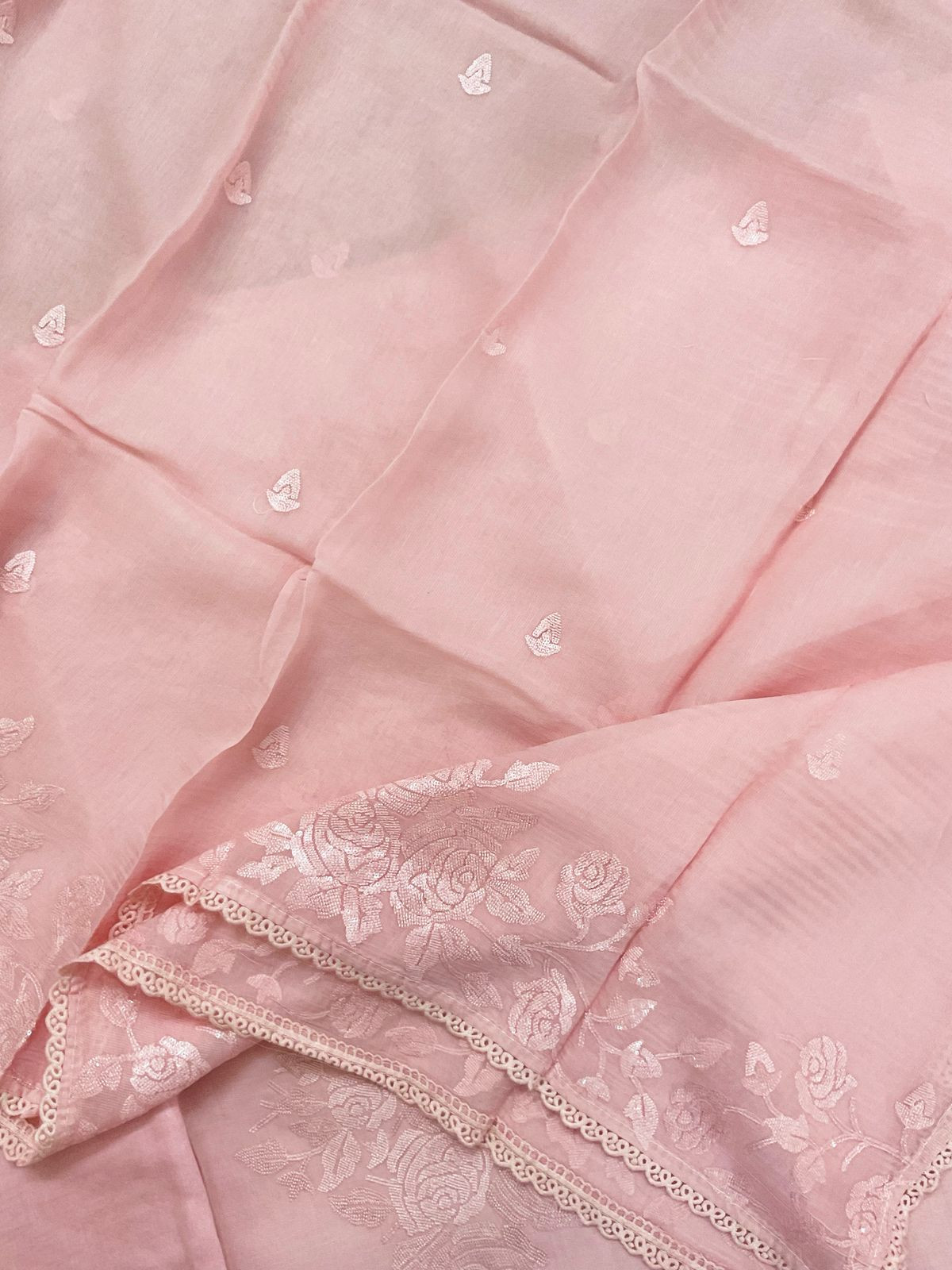 Pure Muslin Chanderi Embroidered Suit - Pink