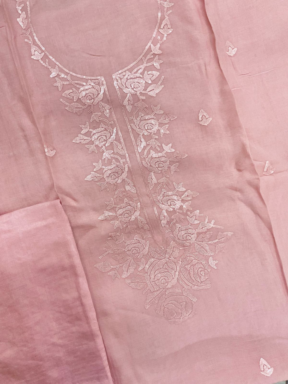 Pure Muslin Chanderi Embroidered Suit - Pink