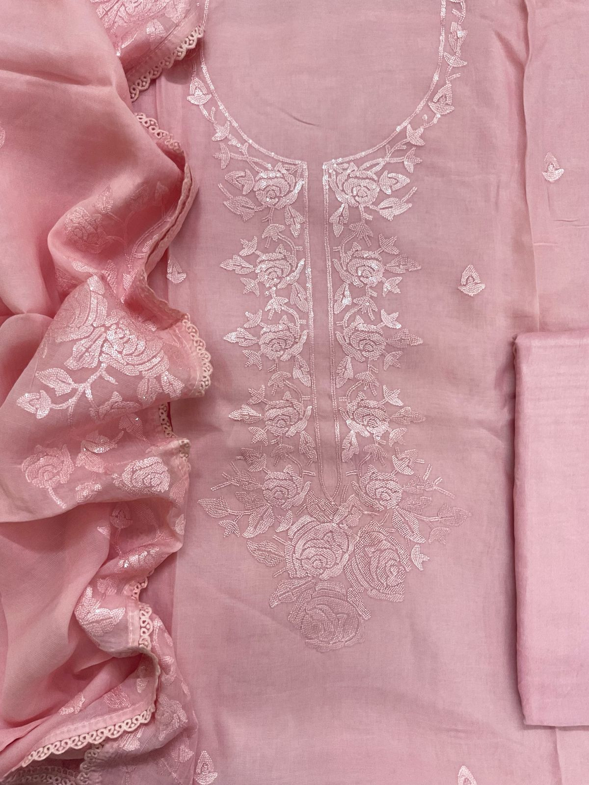Pure Muslin Chanderi Embroidered Suit - Pink