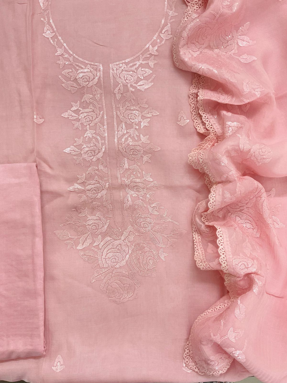Pure Muslin Chanderi Embroidered Suit - Pink