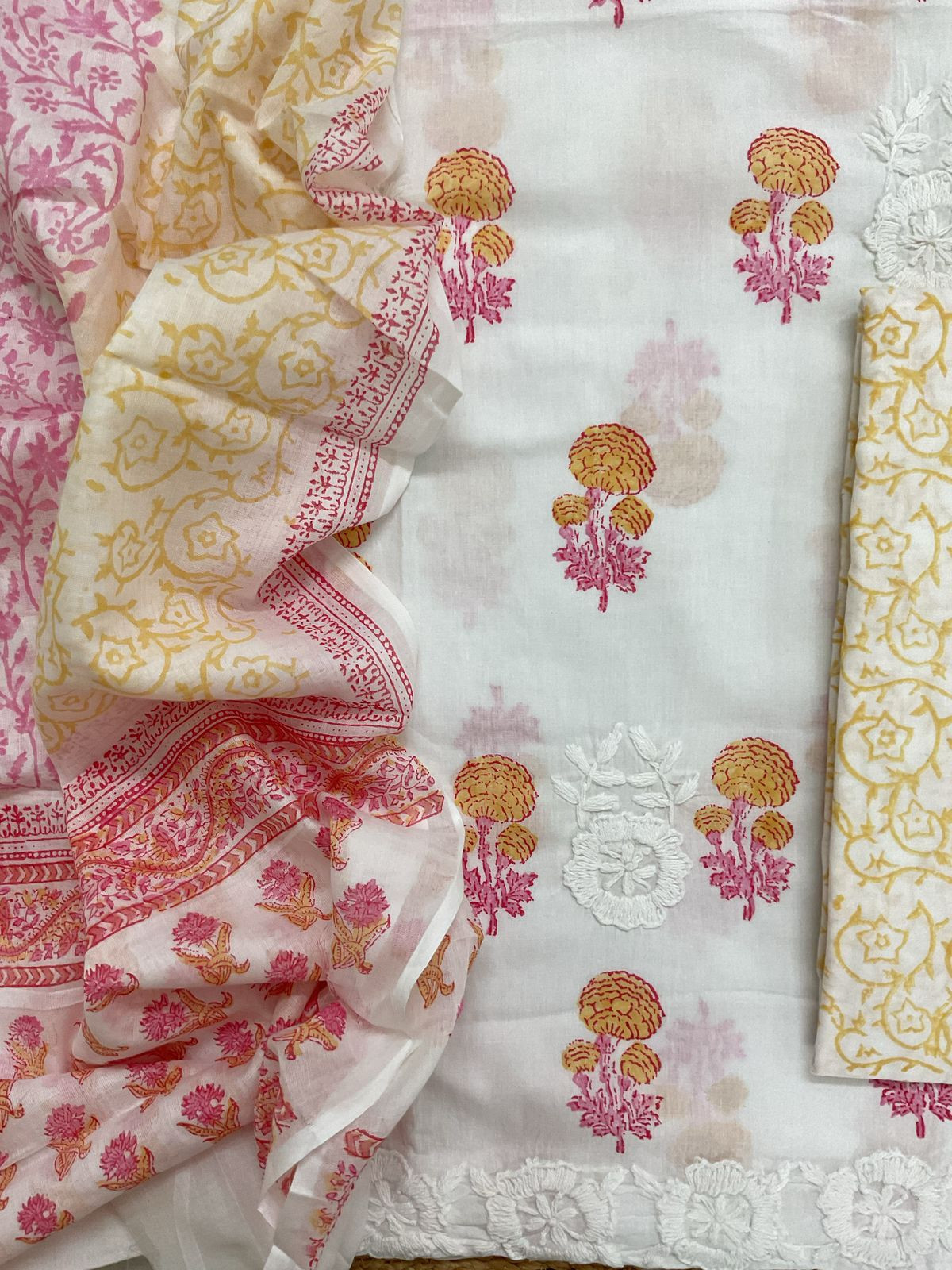 Pure Cotton Printed Embroidered Suit - White