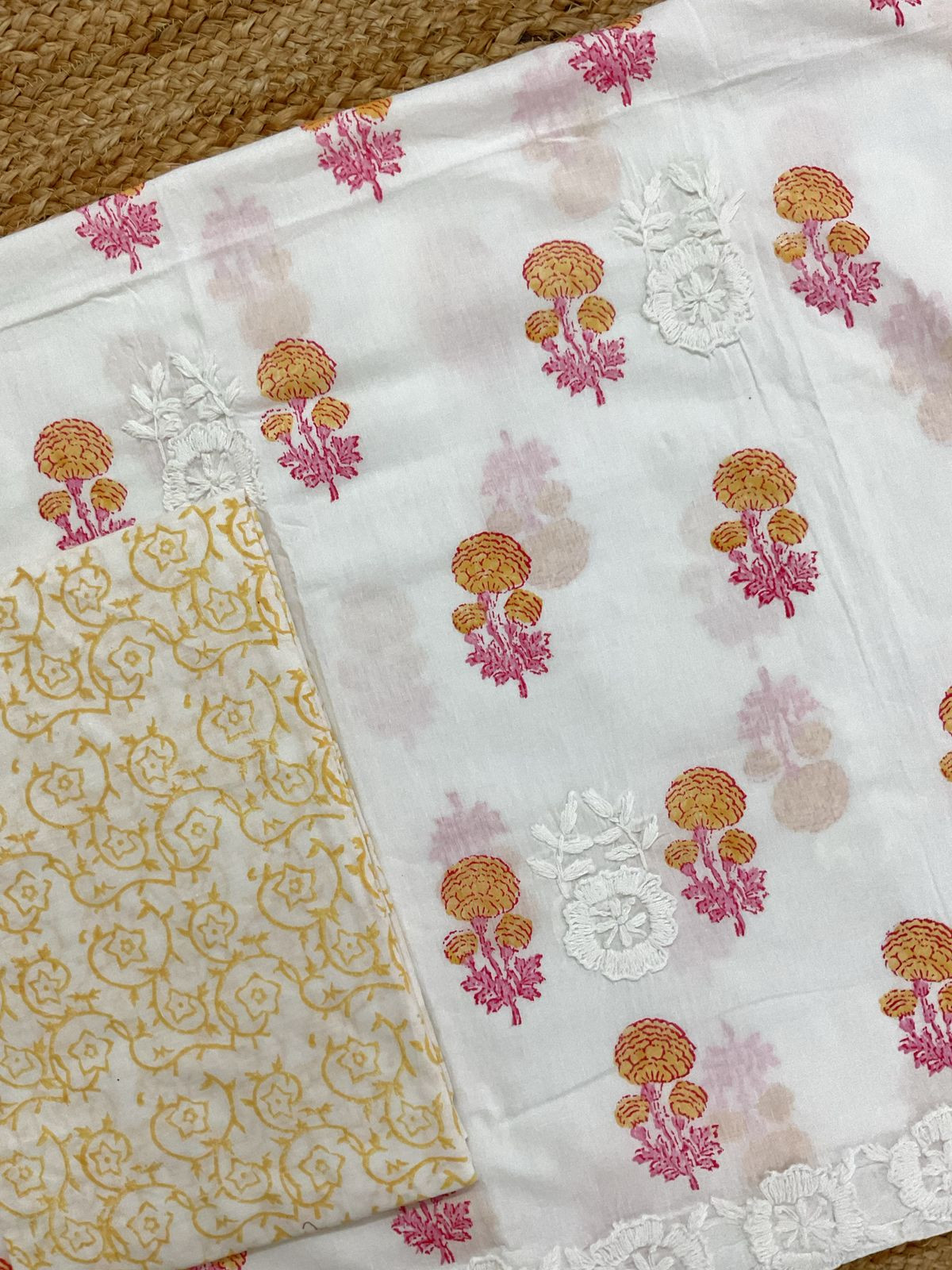 Pure Cotton Printed Embroidered Suit - White