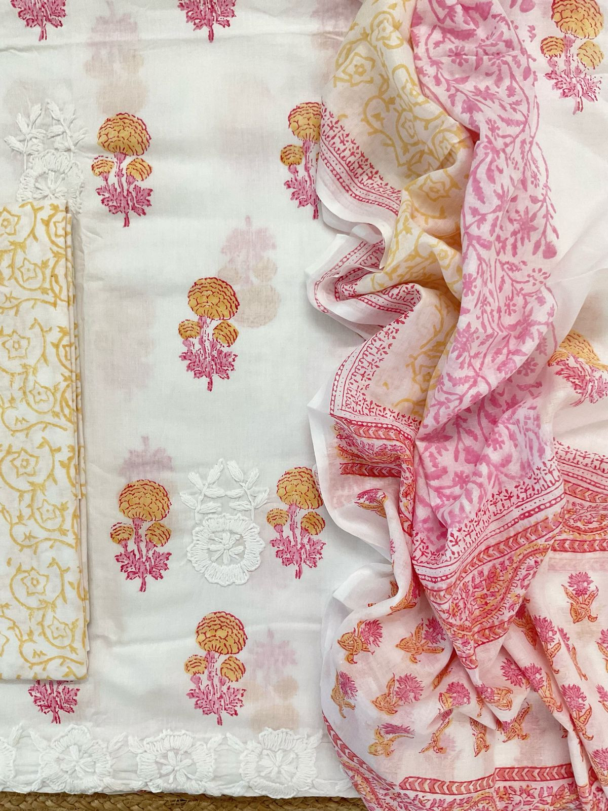 Pure Cotton Printed Embroidered Suit - White