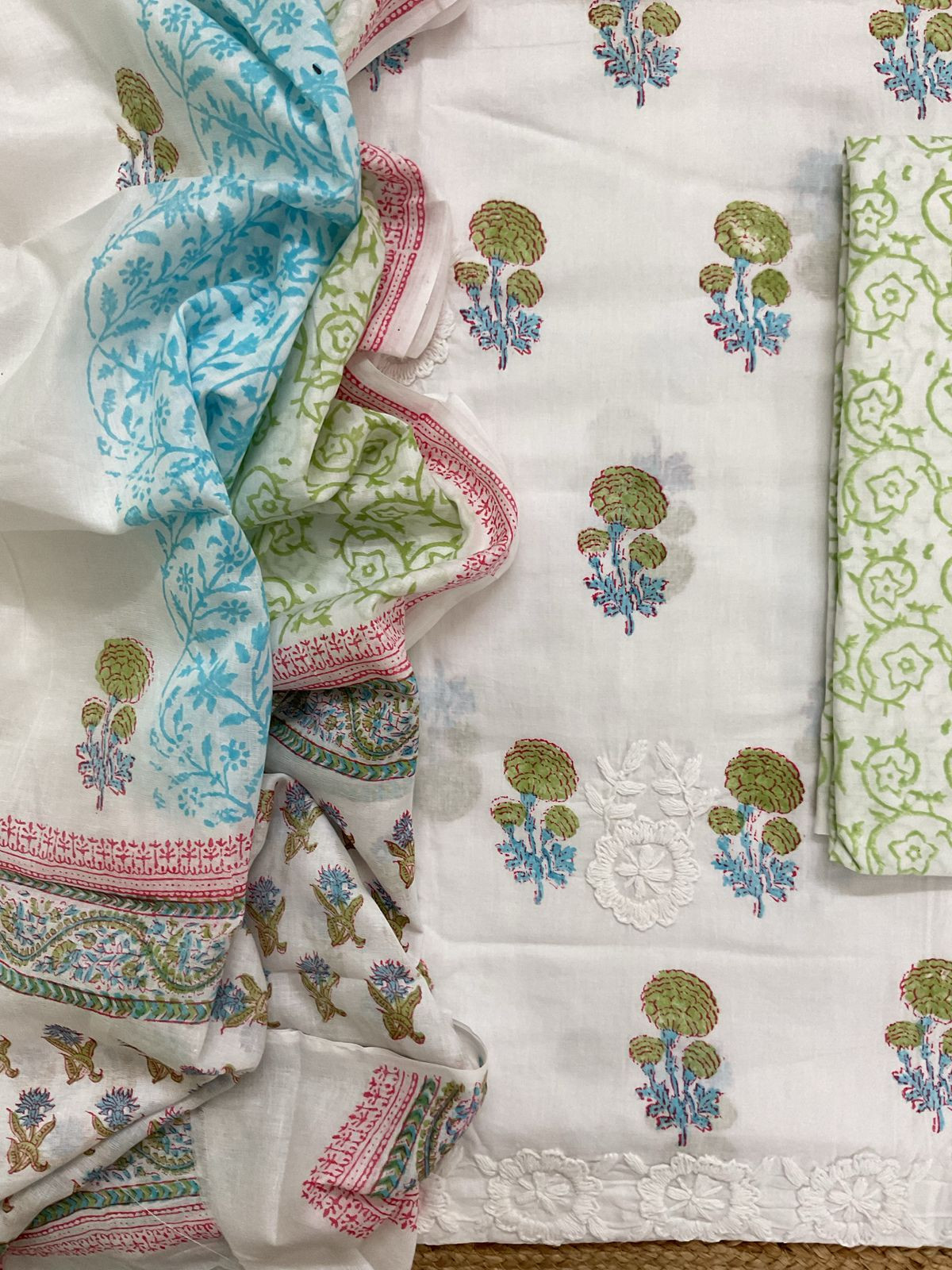 Pure Cotton Printed Embroidered Suit - White