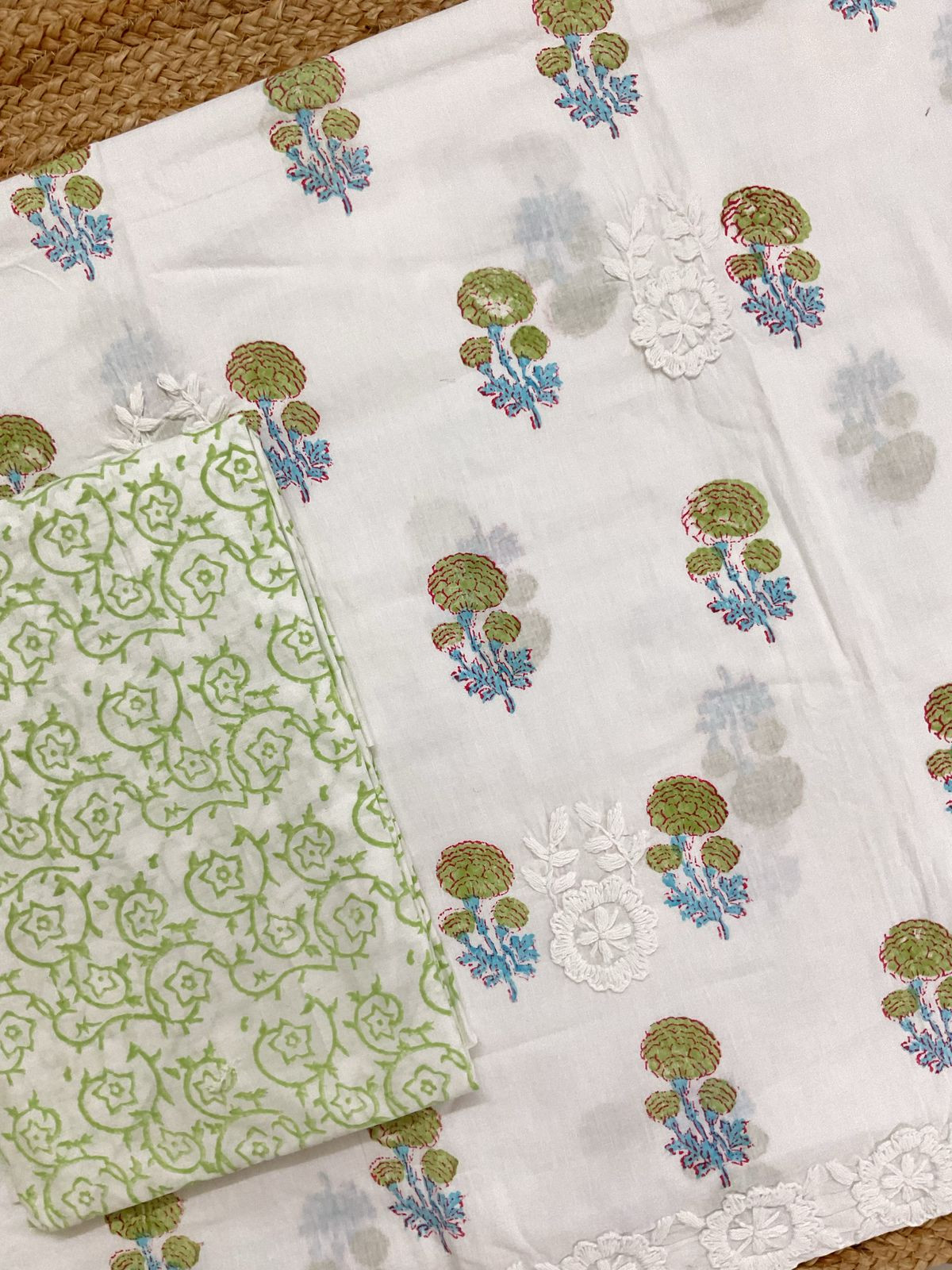 Pure Cotton Printed Embroidered Suit - White